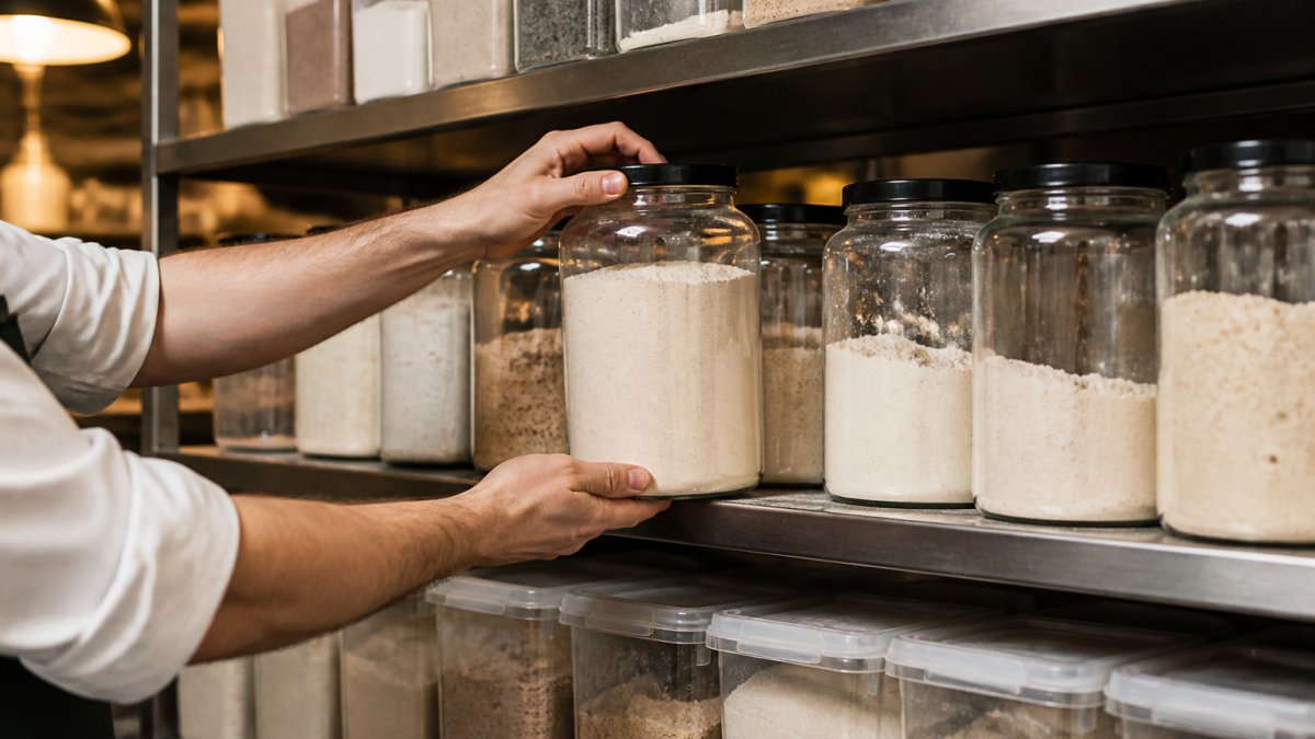 A professional kitchen shelf lined with clear airtight glass and plastic containers filled with labeled specialty flours, a baker's hands reaching for one container under warm overhead lighting
