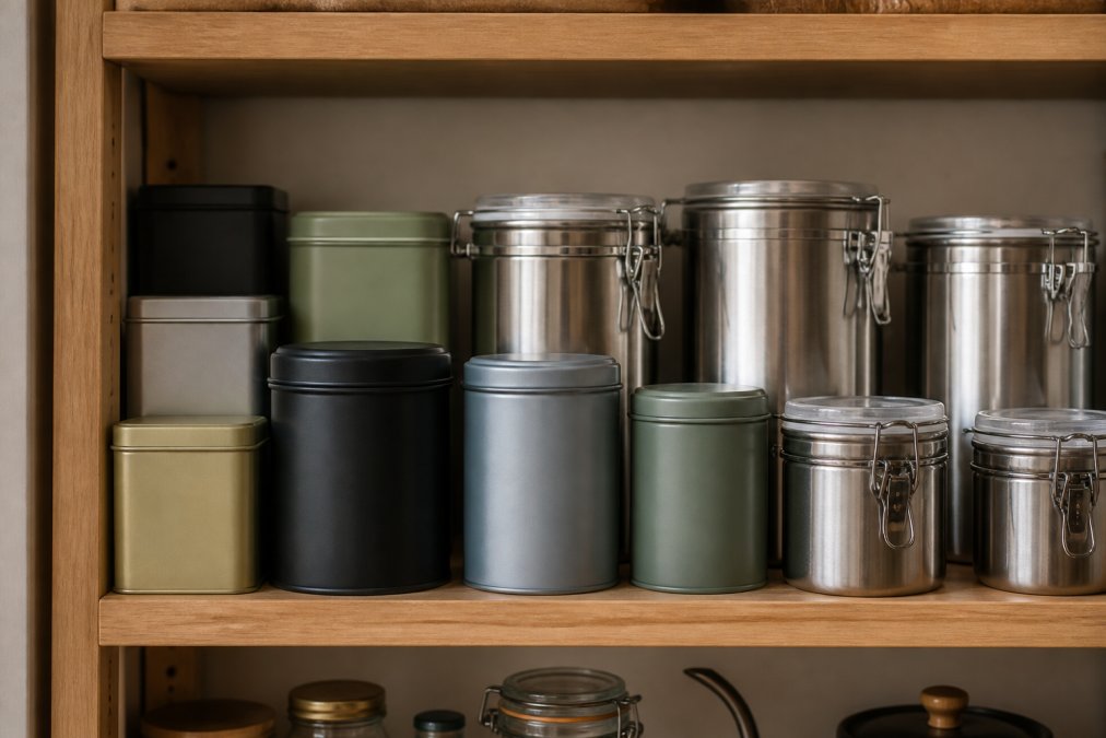 Assortment of metal tea tins and airtight stainless steel containers arranged on a wooden shelf, showing various sizes with tight-fitting lids and labels