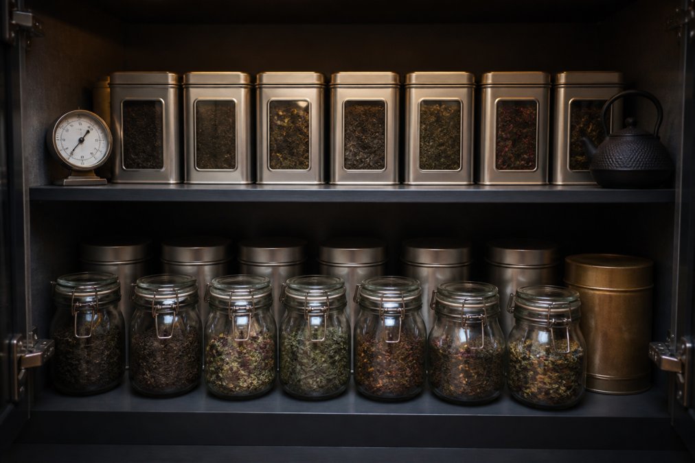Well-organized tea storage shelf in a cool, dark kitchen cabinet with multiple sealed metal tins and glass containers, a small thermometer visible, and labels on each container