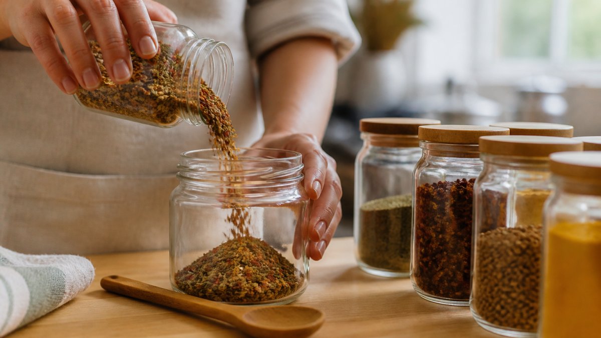 Hands pouring a homemade spice blend from a glass jar into an airtight container on a kitchen counter