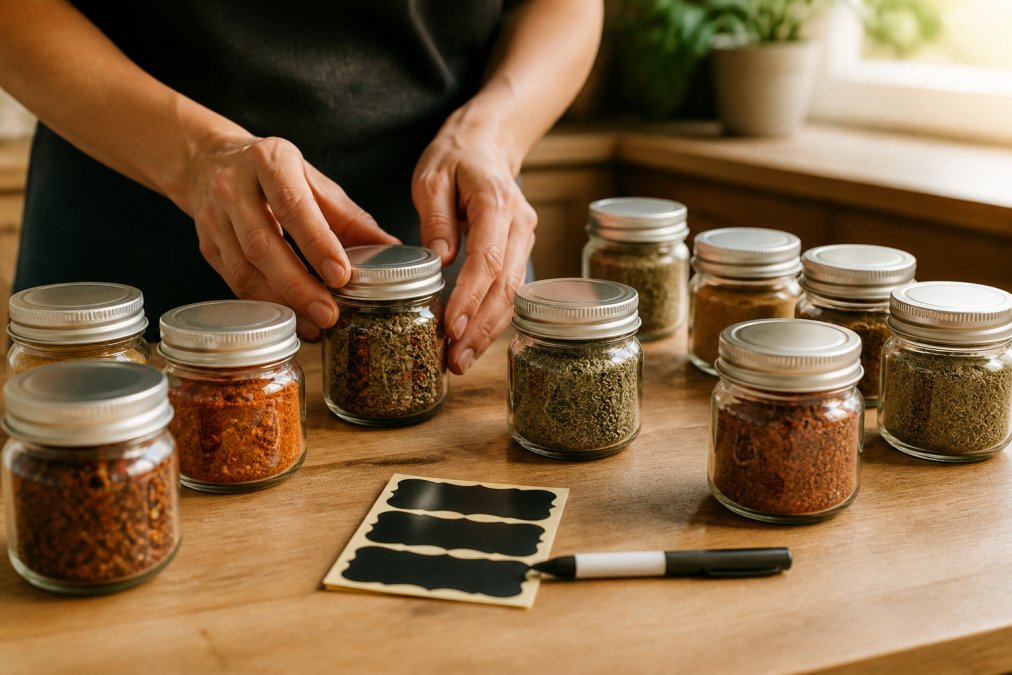 A home cook's hands arranging small glass jars filled with colorful spice blends on a wooden kitchen counter, a chalkboard label and marker resting nearby in soft afternoon light