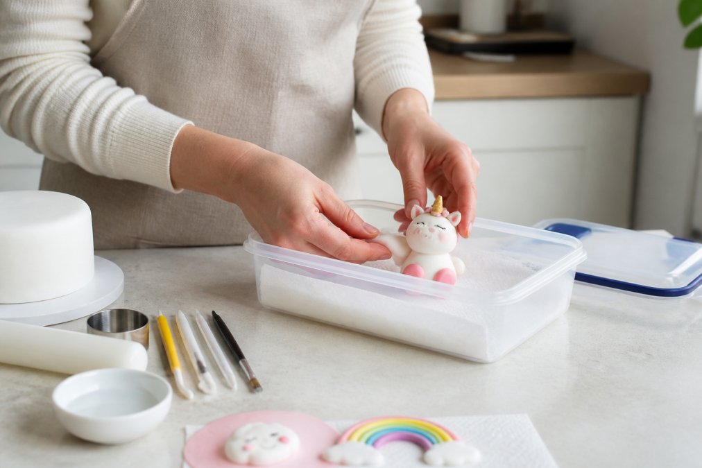 A home baker placing a fondant cake topper into a clear airtight container lined with a sheet of kitchen paper, on a kitchen counter in soft natural light