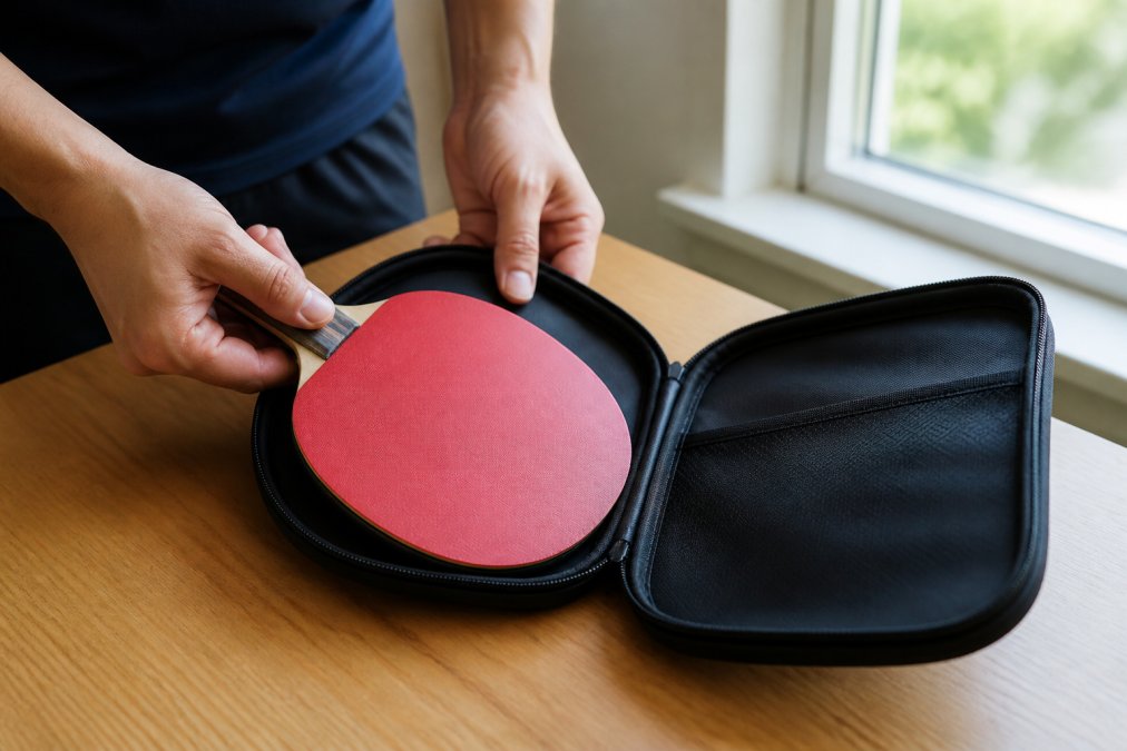 Close-up of hands placing a table tennis paddle into a protective case, rubber surface facing up, on a clean wooden table near a window with soft natural light