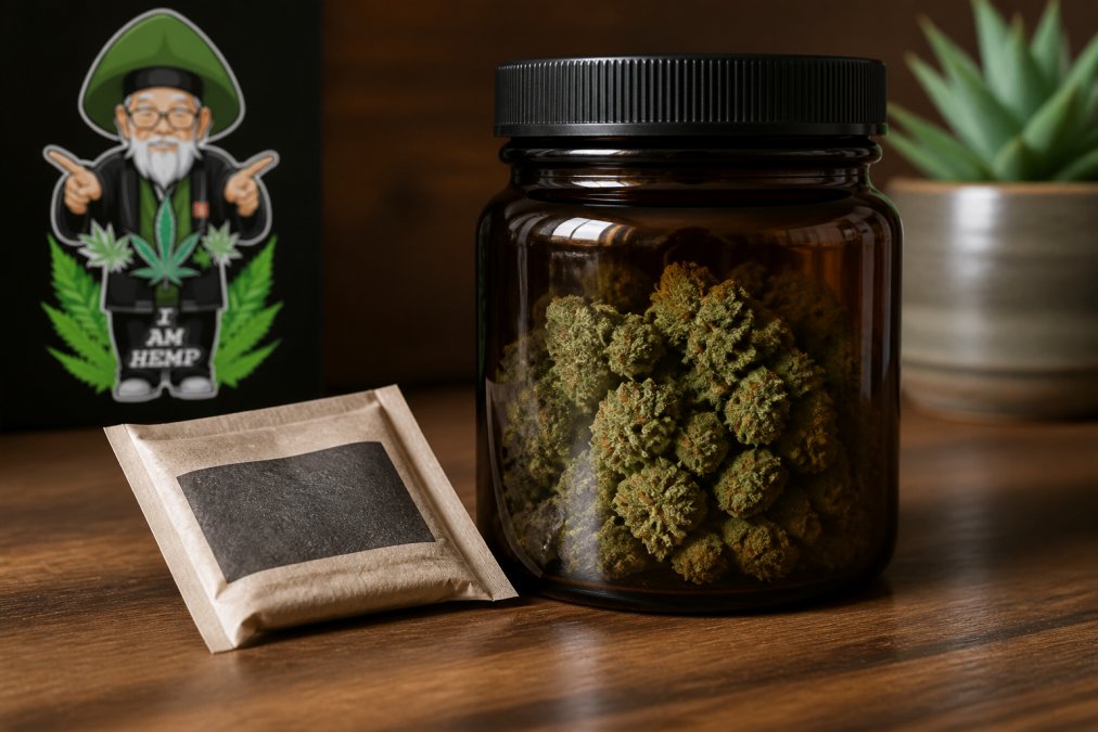 Frosty green THCa flower buds inside an amber glass jar used to store THCa flower with a humidity pack on a counter.