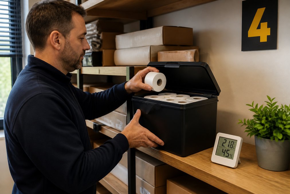A shop manager in a stockroom placing rolls of thermal receipt paper into a sealed, opaque storage box on a shelf, away from a nearby window, with a digital thermometer and hygrometer visible on the shelf