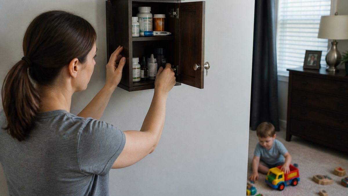 A parent securing a small locked cabinet mounted high on a bedroom wall, with a toddler playing safely in the background on the floor