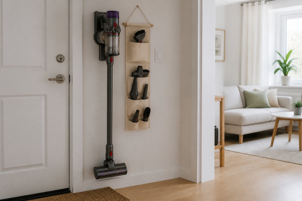 Cordless vacuum mounted on an apartment wall with attachments stored to show how to store vacuum cleaners in small spaces.