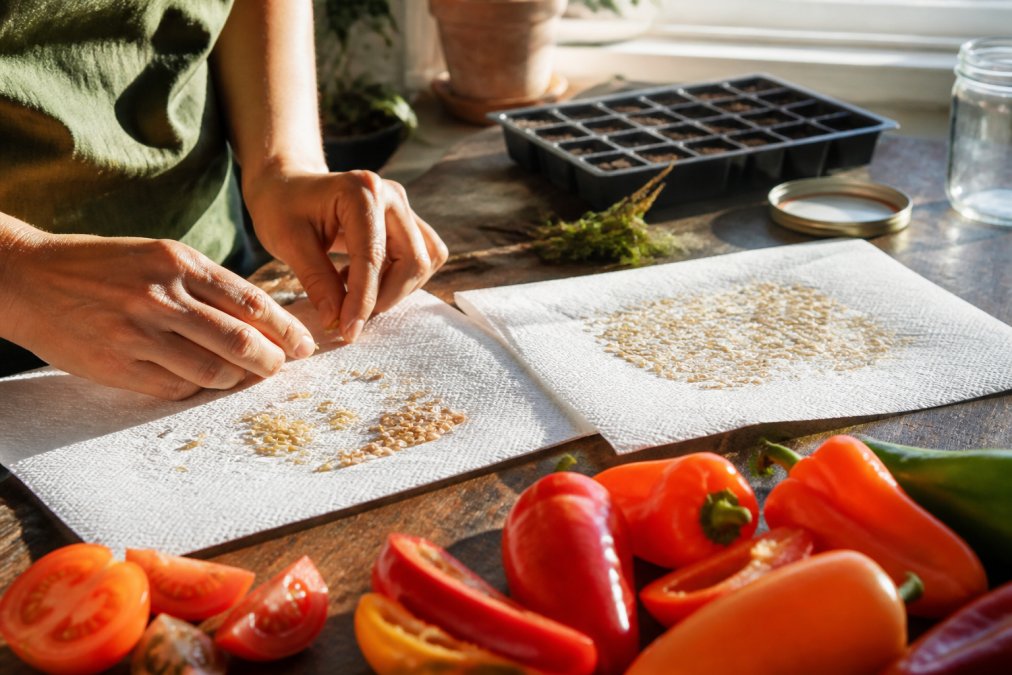Close-up of freshly harvested vegetable seeds spread on clean white paper towels, gardener's hands gently separating tomato and pepper seeds in natural sunlight from a window