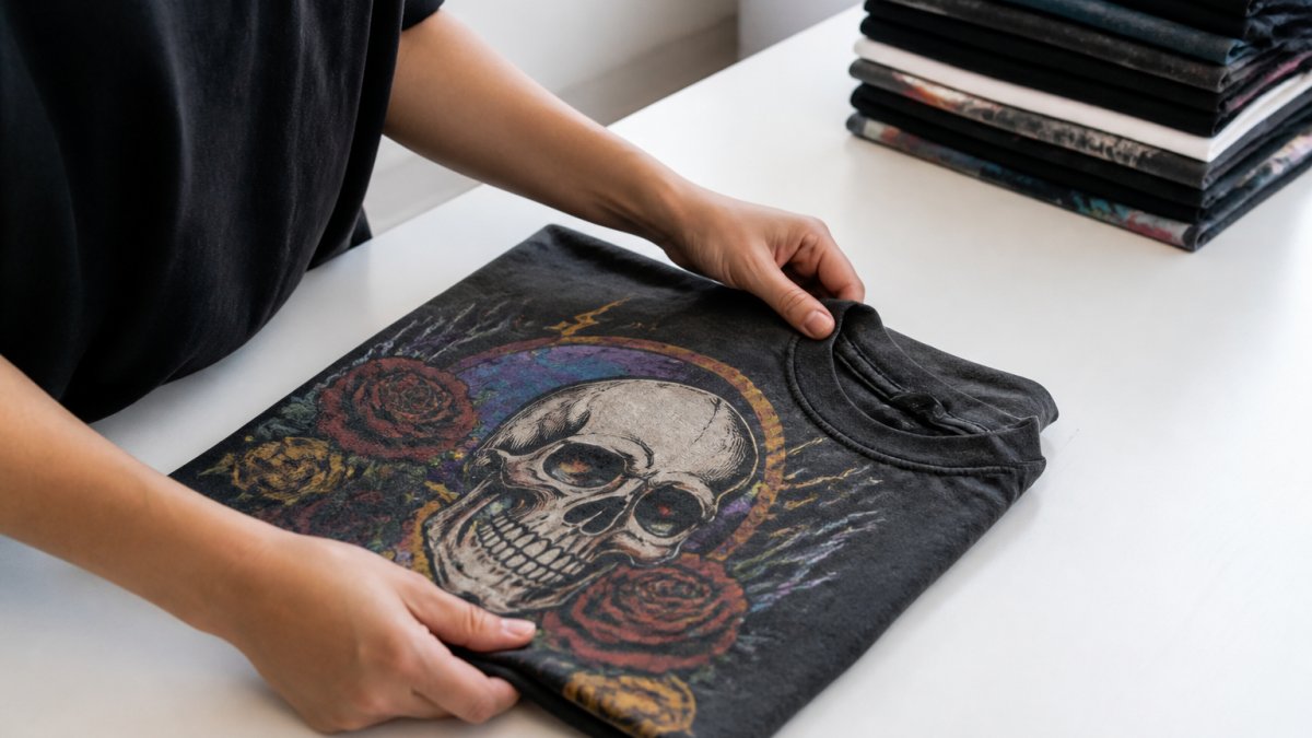 Step-by-step guide showing how to fold a graphic t-shirt for crease-free storage