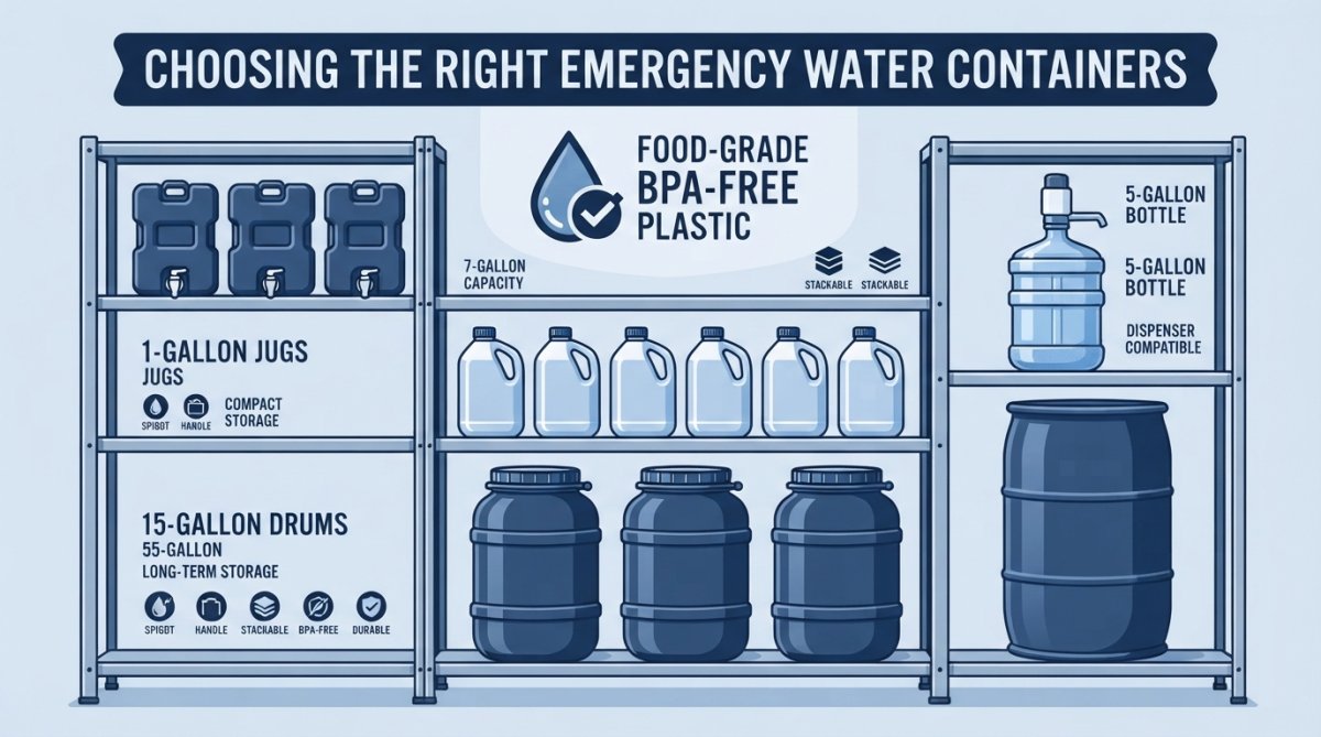 Professional illustration showing how to store water for emergencies