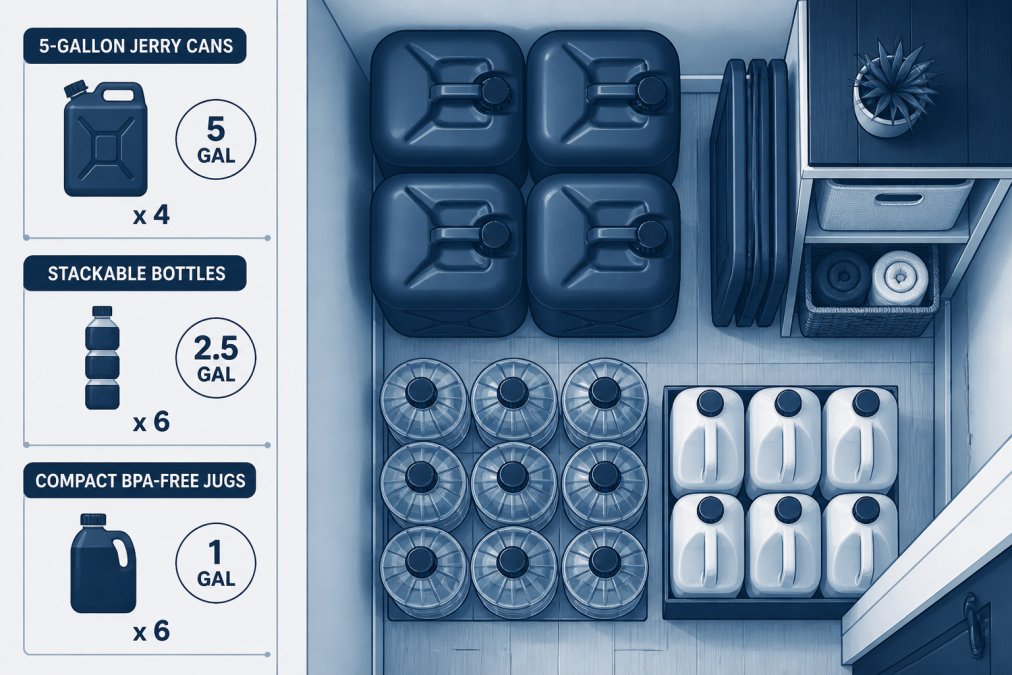 Overhead view of various food-grade water storage containers including 5-gallon jerry cans, stackable bottles, and compact BPA-free plastic jugs arranged in an organized small apartment storage corner with cool lighting