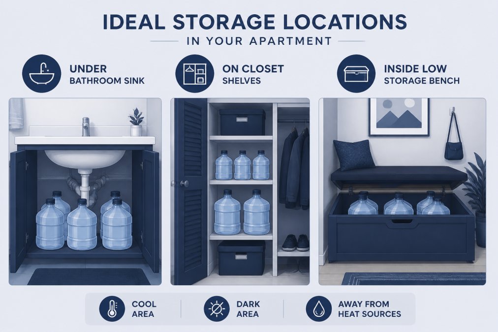 Apartment interior showing water storage containers strategically placed under a bathroom sink, on closet shelves, and inside a low storage bench in a cool dark area with soft ambient lighting