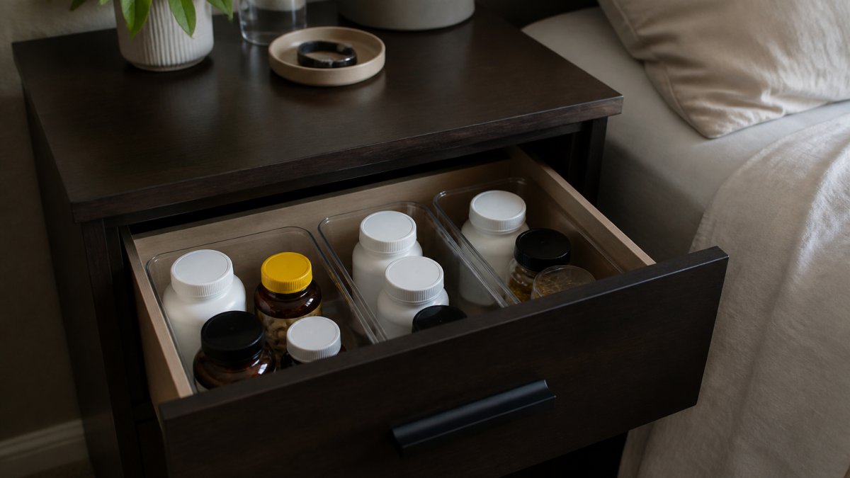 Bedroom nightstand drawer with supplement bottles organized in sealed containers, showing cool dark storage environment away from direct sunlight