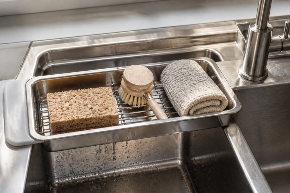 Stainless steel sink rack holding a wet sponge and brush with water draining into the kitchen sink basin