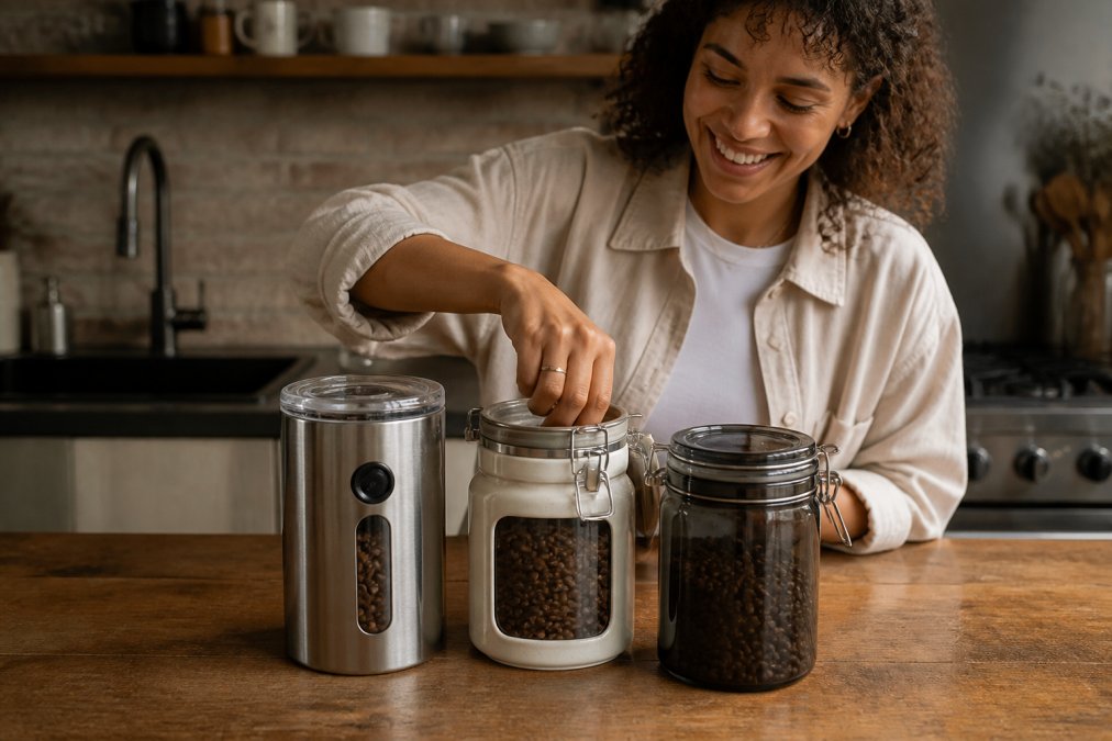Close-up of three different airtight coffee storage containers with opaque finishes on a kitchen counter, one stainless steel with a one-way valve visible, one ceramic with a rubber seal, one tinted glass, with whole beans partially visible inside