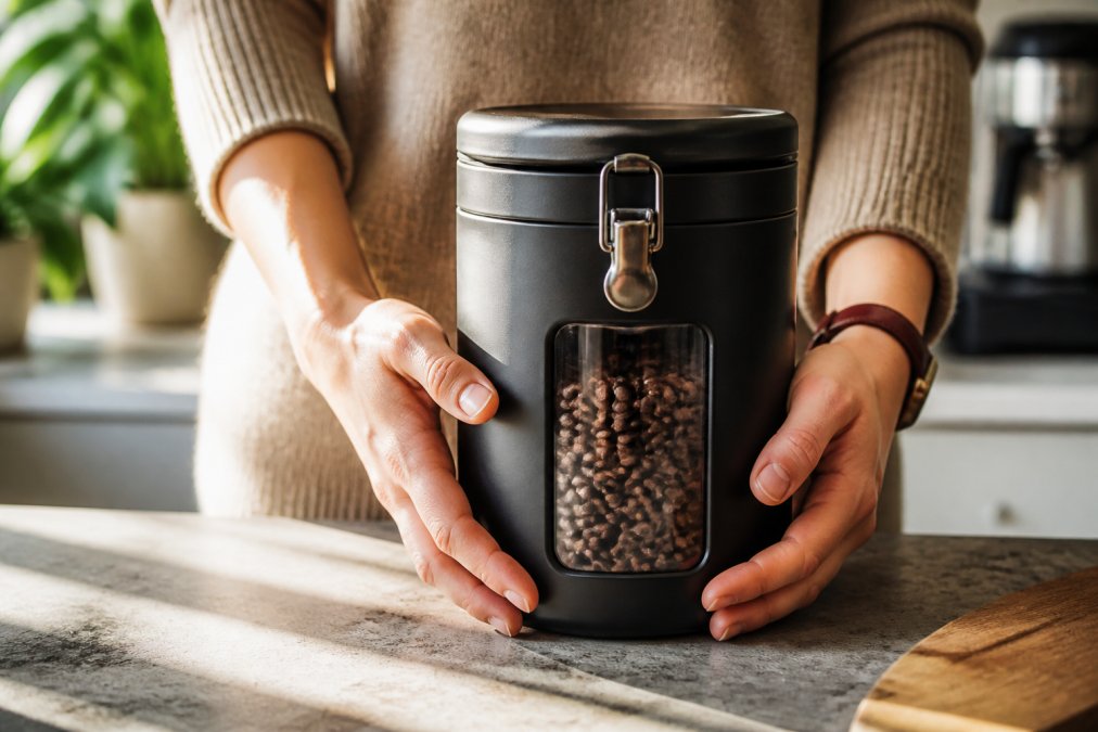Close-up of hands holding an opaque airtight coffee canister with whole bean coffee visible inside, positioned on a kitchen counter with natural morning light