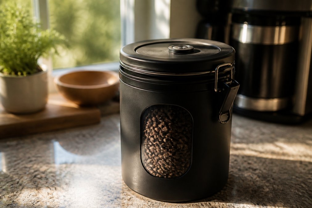 Close-up of an airtight, opaque coffee canister filled with whole coffee beans on a kitchen counter, one-way valve visible on the lid, soft morning light through a window