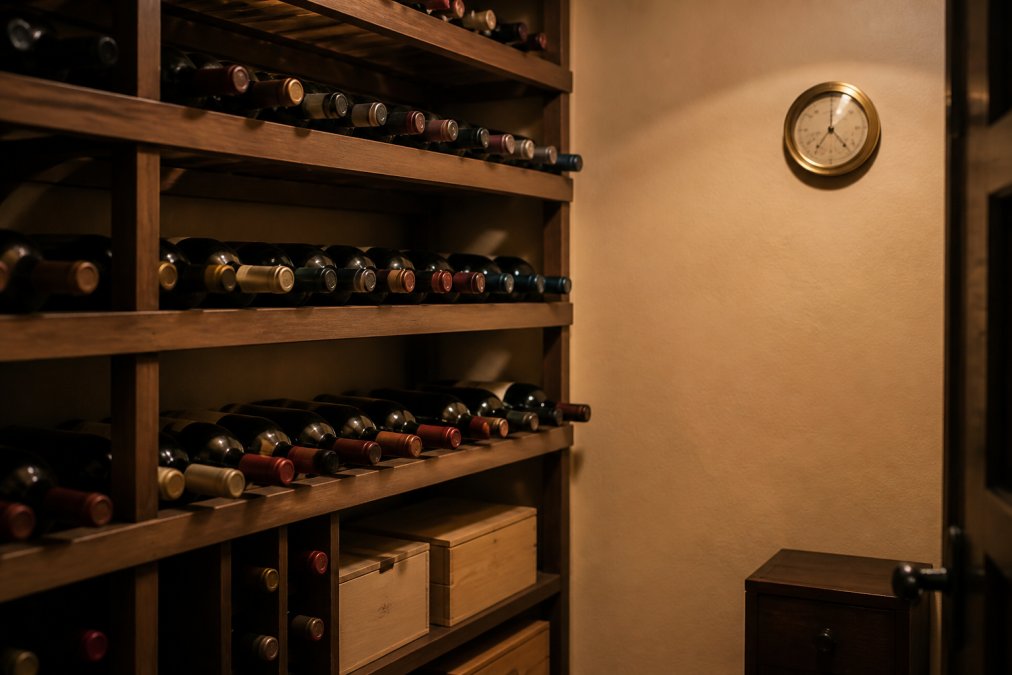A home wine storage area with bottles stored horizontally on a wooden wine rack, a hygrometer mounted on the wall showing humidity levels, and soft ambient lighting that avoids direct sunlight streaming through windows