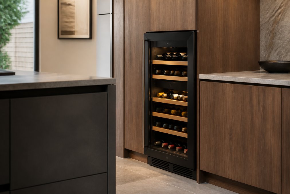A sleek wine fridge or storage cabinet positioned in a modern kitchen corner, with bottles visible through glass doors, LED interior lighting, and a digital temperature control panel displayed on the front