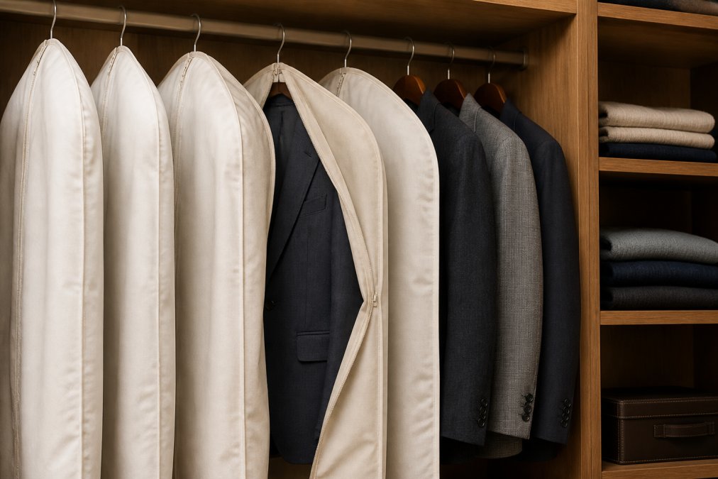 Professional wool suit hanging in a breathable cotton garment cover inside a well-organized closet with proper spacing between garments and visible ventilation