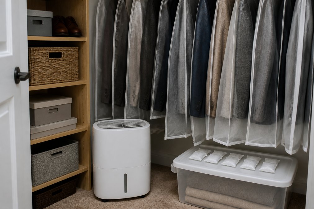 Dehumidifier and silica gel packets strategically placed in a storage closet with wool suits hanging in breathable garment covers, showing proper moisture control setup with visible air circulation