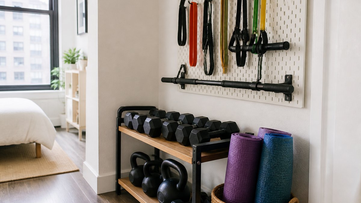 Bright home gym corner with dumbbells organized on a shelf, rolled yoga mats in a basket, resistance bands hanging from hooks, and a portable workout bar on a pegboard wall, showing a compact, well-organized small apartment setup