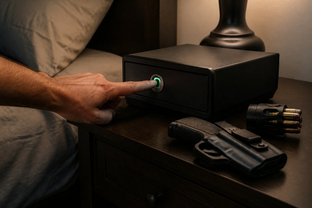 Step-by-step guide on how to store your concealed carry firearm safely at home using a biometric bedside safe.