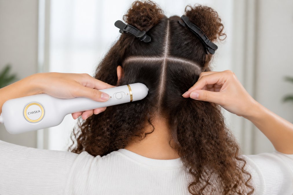 Close-up of hands dividing thick curly hair into four sections using hair clips, with sections clearly separated from the nape of the neck upward, showing organized sectioning for efficient straightening