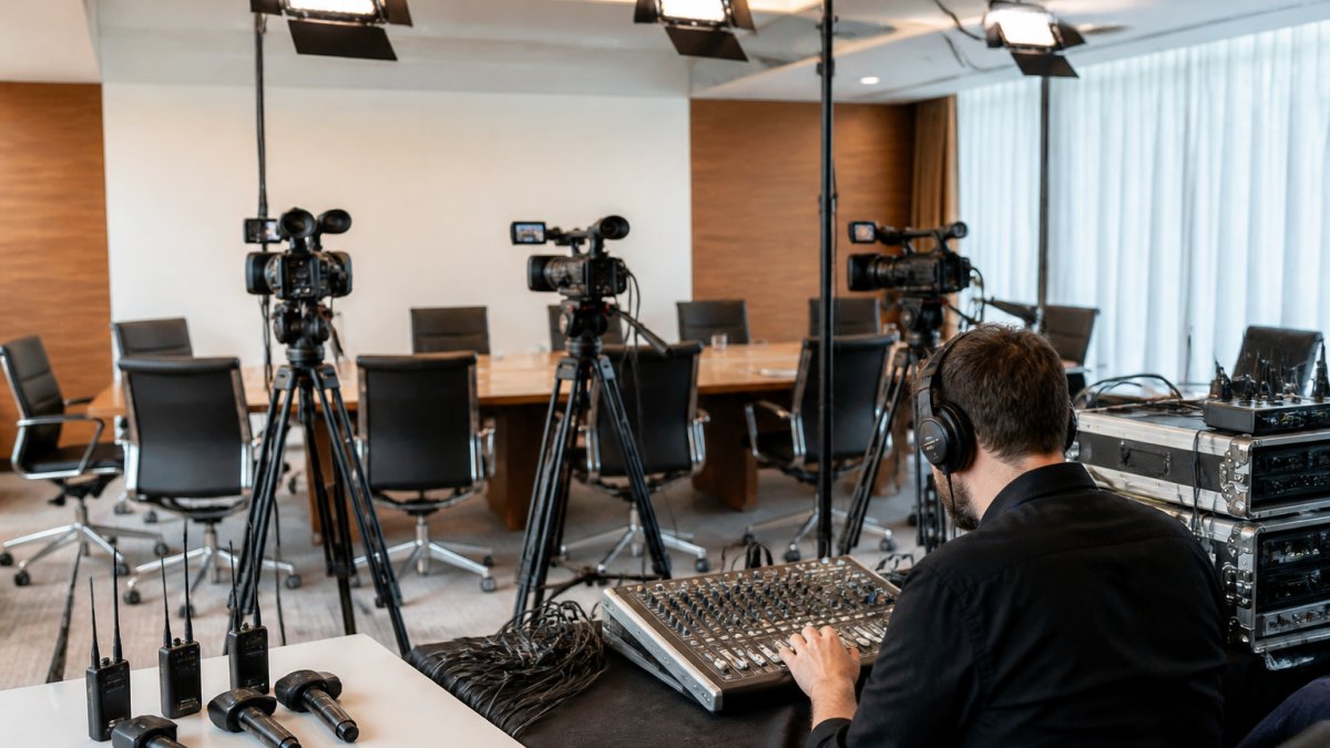 Professional broadcast setup with multiple cameras mounted on tripods, wireless microphones on table, three-point lighting rig overhead, and technician adjusting levels at mixing console in corporate boardroom