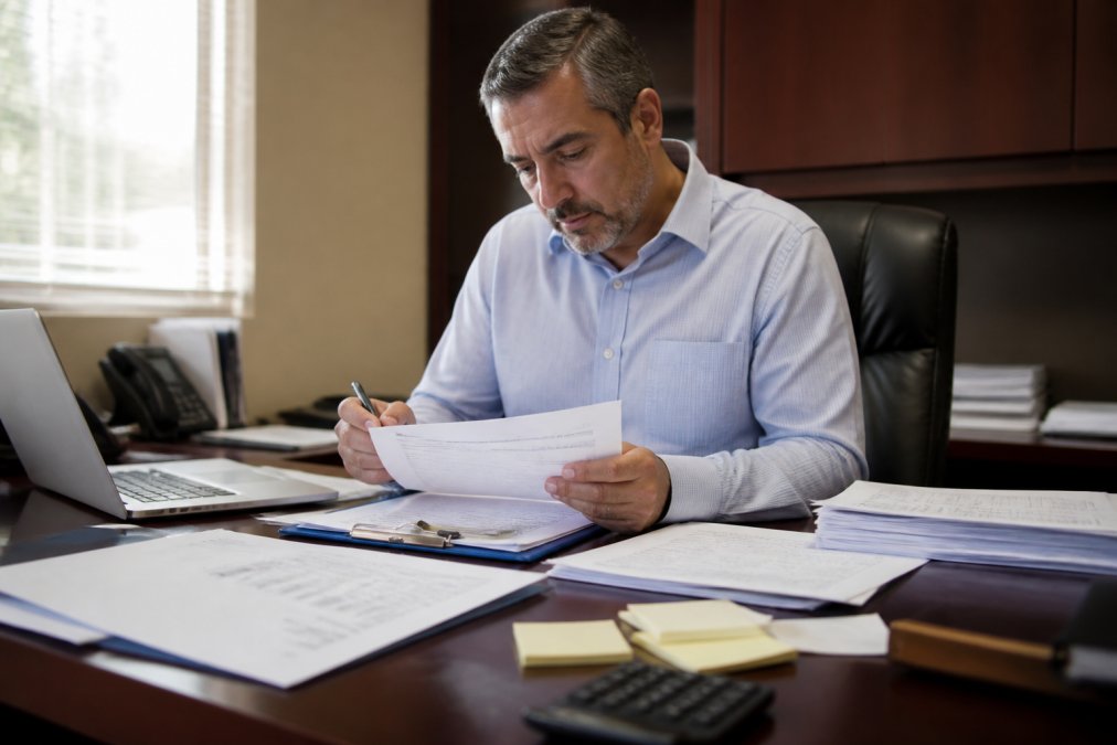 Operations manager reviewing print orders and vendor invoices at a desk with multiple documents and a laptop, analyzing workflow data
