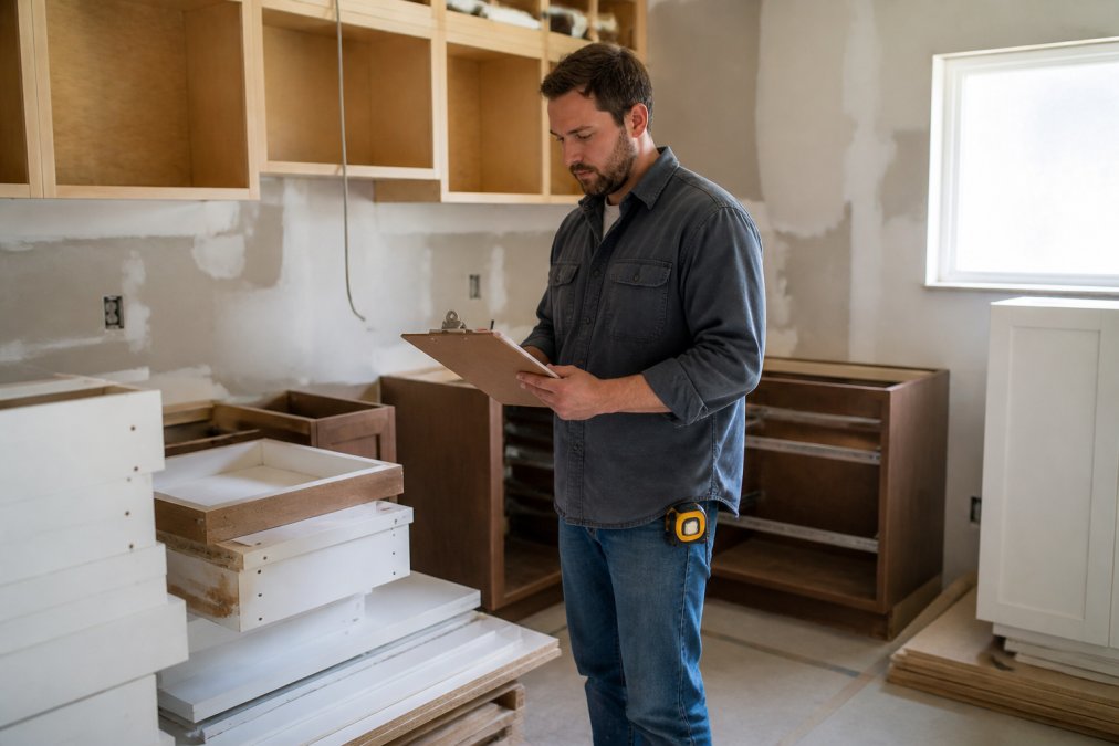 A contractor in work clothes holding a clipboard and measuring tape, reviewing cabinet specifications in a kitchen under renovation with unfinished walls and cabinet boxes stacked nearby