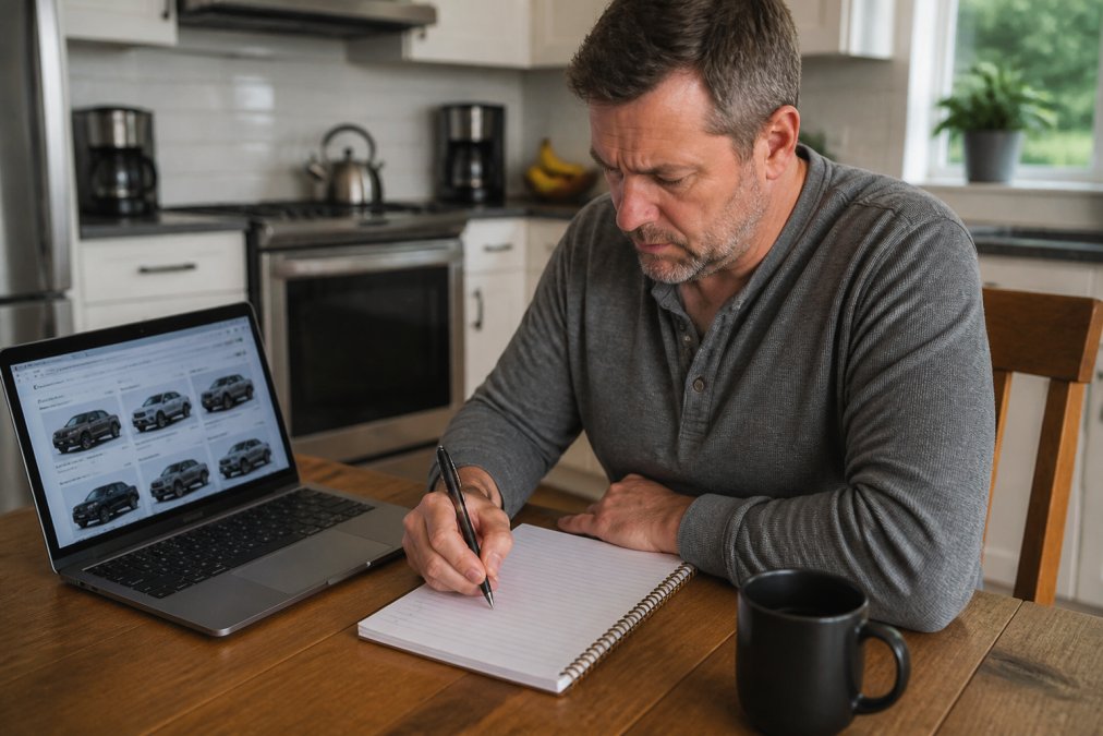 A person sitting at a kitchen table with a notepad, laptop, and coffee, writing a car buying checklist and reviewing vehicle listings online