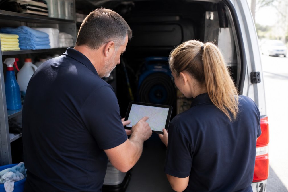 A cleaning business owner and a crew member reviewing a scheduling app on a tablet inside a supply van, with a route map visible on the screen, natural daylight through the open door