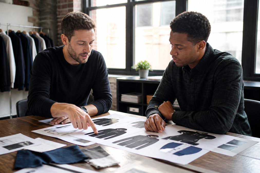 A designer sitting across from a client at a desk, pointing at printed design mockups spread on the table, both engaged in a focused review conversation in a bright, modern office with large windows
