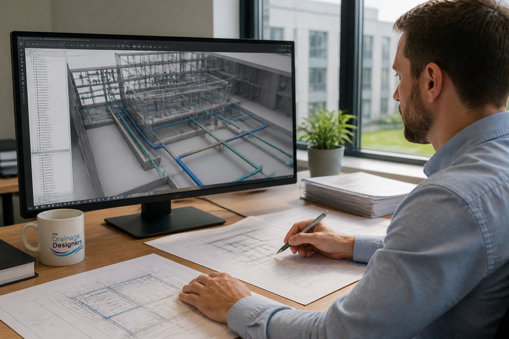 Civil engineer reviewing BIM model on large desktop monitor with multiple drainage design drawings and technical documentation visible on desk surface, natural daylight from office windows