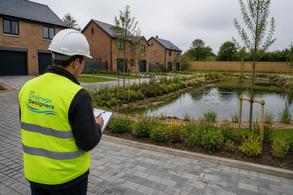 Site visit showing sustainable drainage system installation with permeable paving surfaces, retention pond, and landscaping in residential development under overcast sky