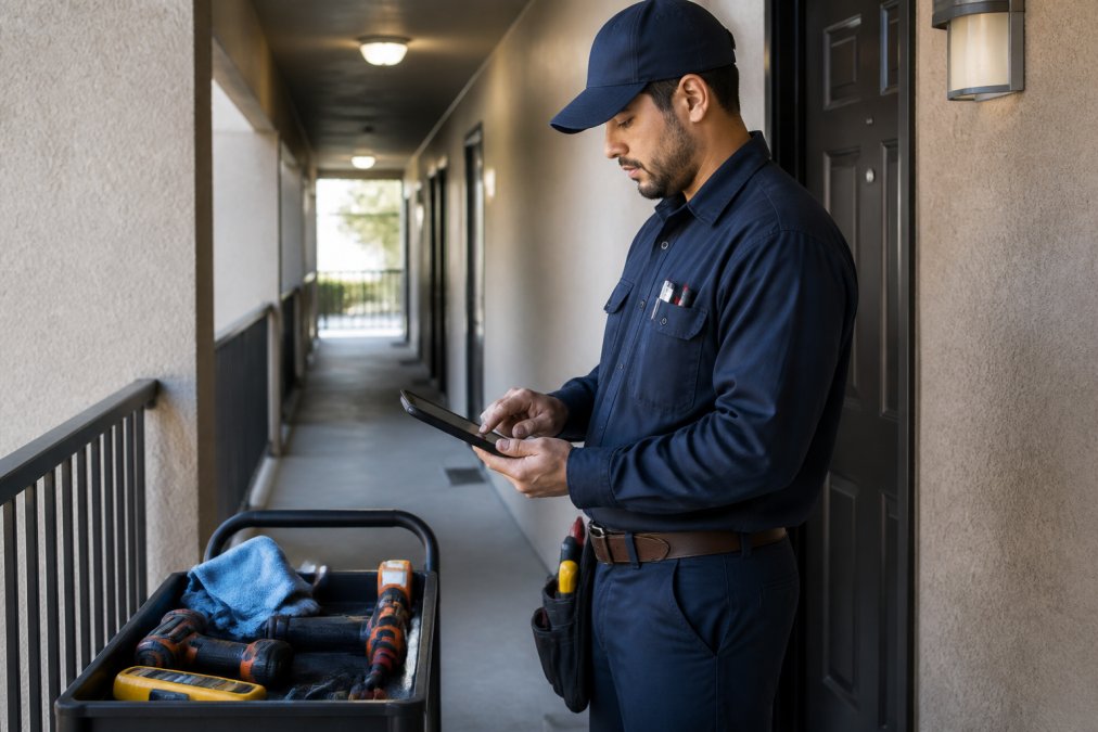 A maintenance technician in uniform reviewing a digital work order on a tablet inside an apartment hallway, with tools visible on a cart nearby