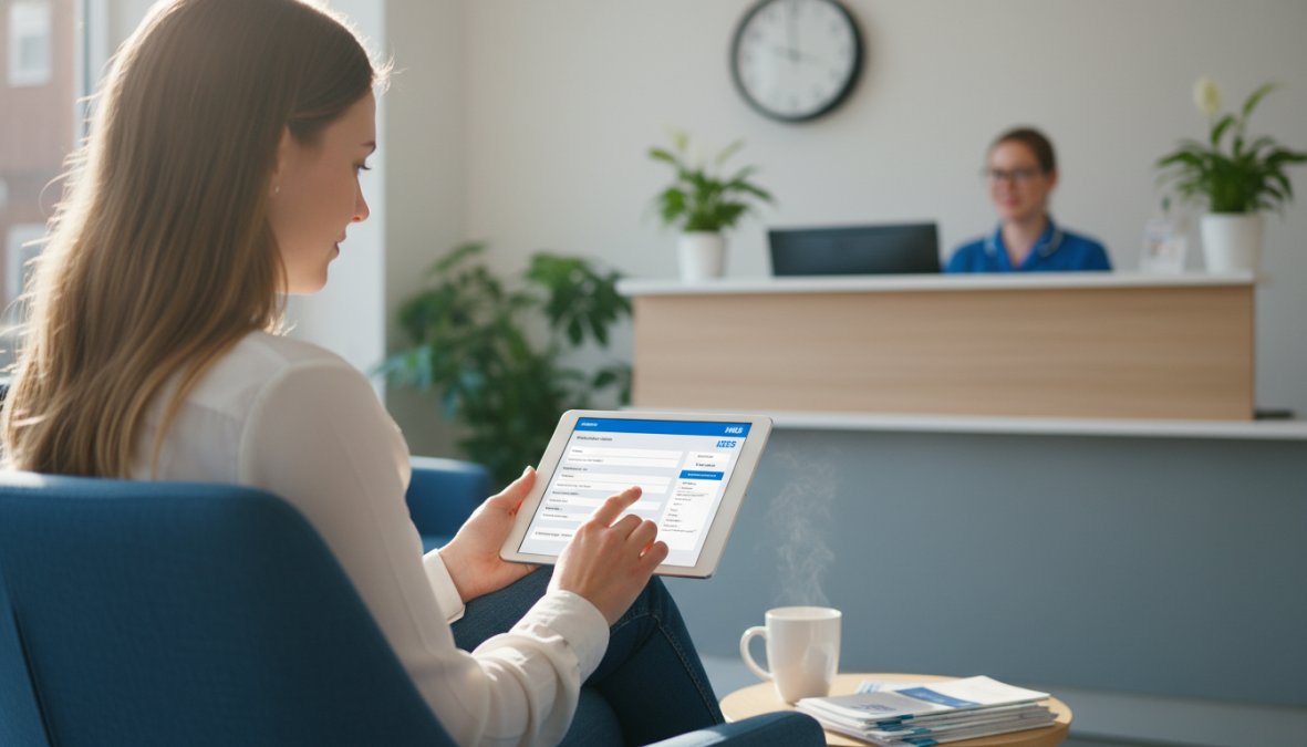 A patient sitting in a bright NHS clinic waiting room completing a digital intake form on a tablet, with a receptionist visible at the front desk in the background, natural daylight coming through large windows