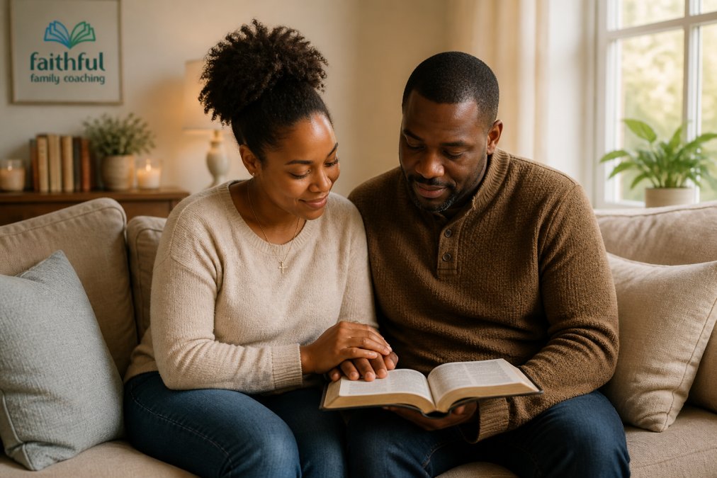 A Christian couple sitting together on a couch in a cozy living room, holding hands and reading a Bible together, warm natural light coming through a window
