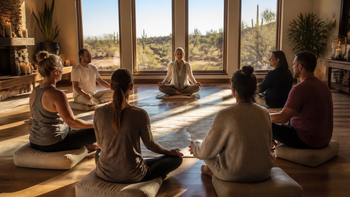 A small group of retreat participants seated in a circle during a guided meditation session in a bright sanctuary with large windows, natural light streaming across comfortable cushions arranged on a wooden floor