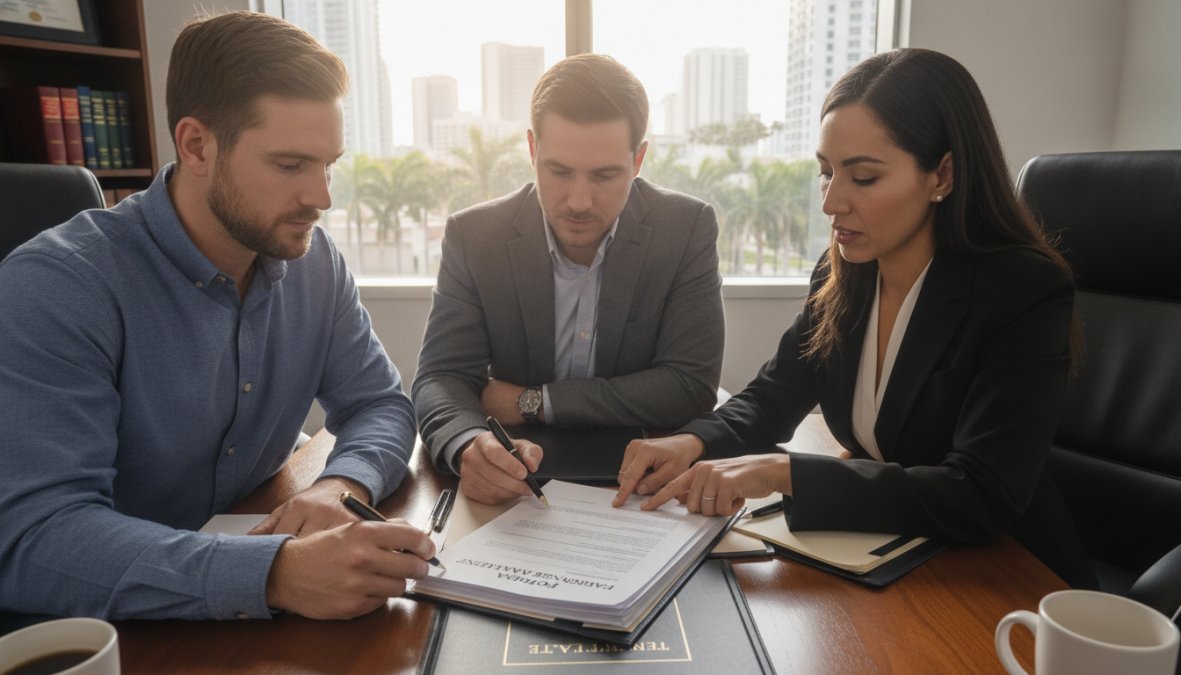 Two [business partner](/resolve-business-partner-disputes-florida/)s sitting across a desk from an attorney reviewing and signing legal documents in a professional law office setting, with natural window light and organized files on the desk