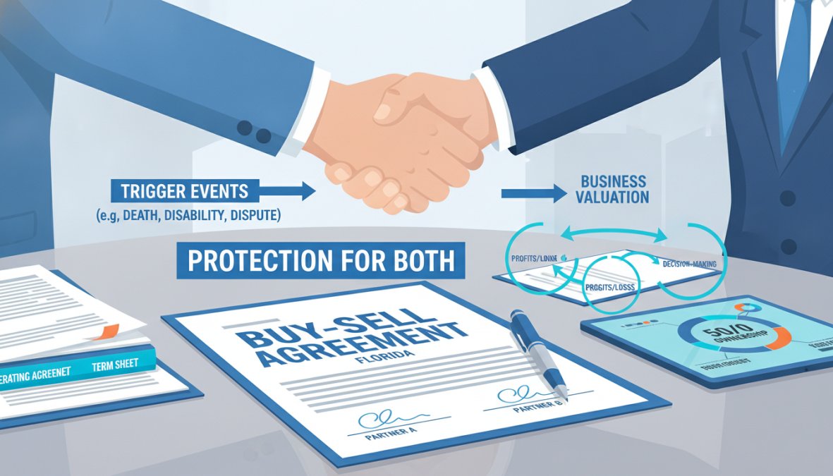 Close-up of two professionals shaking hands over a signed contract on a conference table, with a pen and legal documents clearly visible in warm office lighting