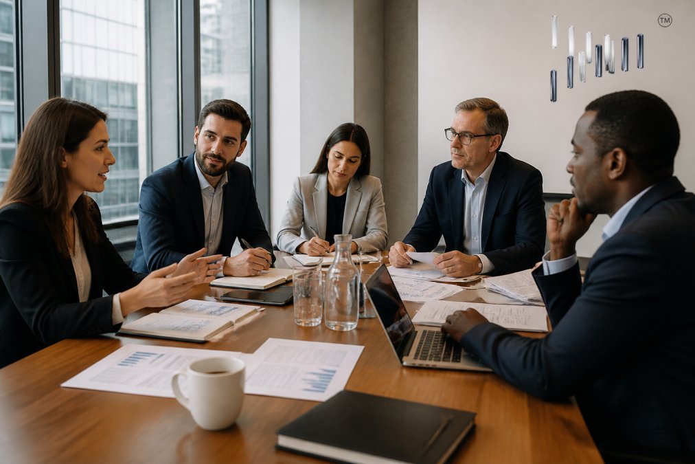 Professional team in a modern office boardroom discussing investment strategy, with documents, laptops, and financial charts visible on the table, natural lighting from large windows