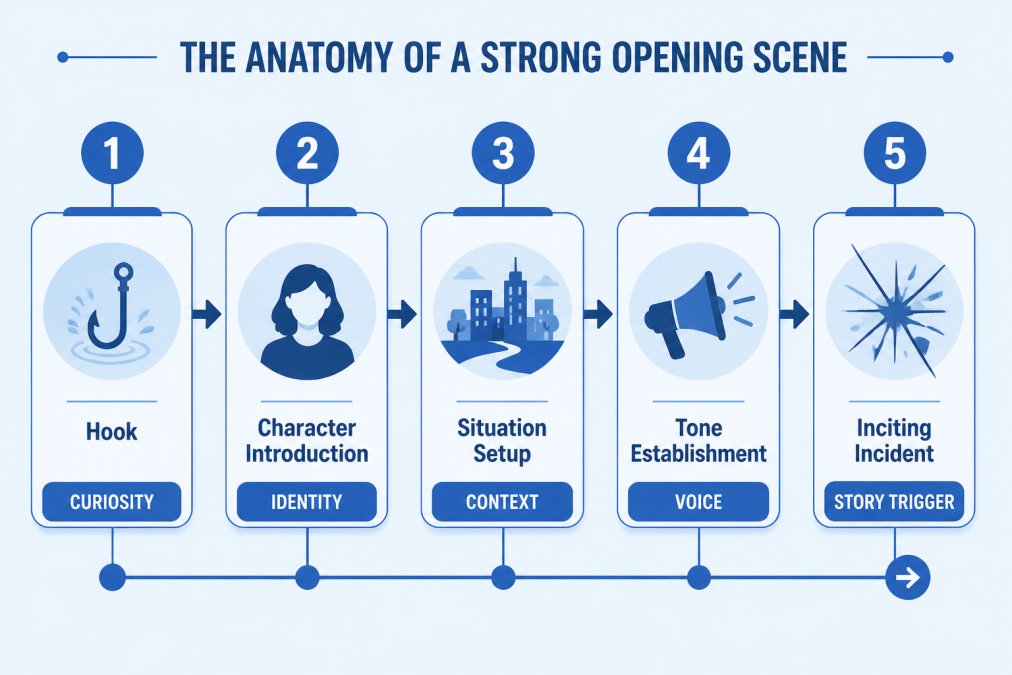 Flowchart showing the five layers of an opening scene: Hook (curiosity) → Character Introduction (identity) → Situation Setup (context) → Tone Establishment (voice) → Inciting Incident (story trigger). Arrows show how each element builds on the previous one.