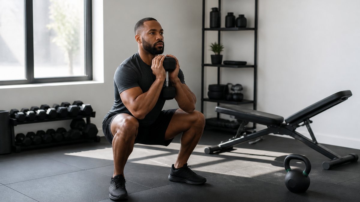 Person performing a goblet squat with a dumbbell in a home gym setting