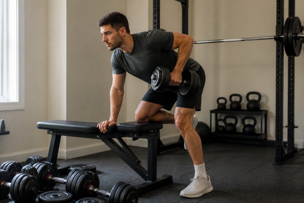 Person performing a dumbbell exercise in a home gym space with adjustable weights and a fitness bench visible, demonstrating proper form during a strength training session