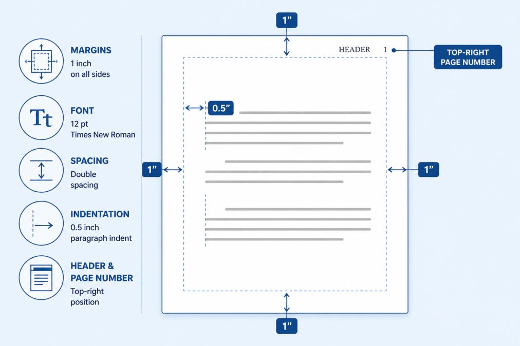 Diagram showing one-inch margins on all sides, 12-point Times New Roman font, double spacing throughout, 0.5-inch paragraph indentation, page number in top-right corner with header, and sample paragraph layout