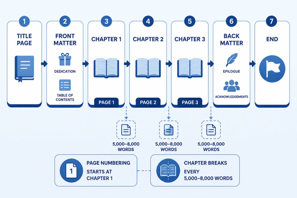 Flowchart showing manuscript structure progression: Title Page → Front Matter (Dedication, Table of Contents) → Chapter 1 (page break) → Chapter 2 (page break) → Chapter 3 (page break) → Back Matter (Epilogue, Acknowledgements) → End, with annotations showing page numbering starts at Chapter 1 and chapter breaks occur every 5,000-8,000 words