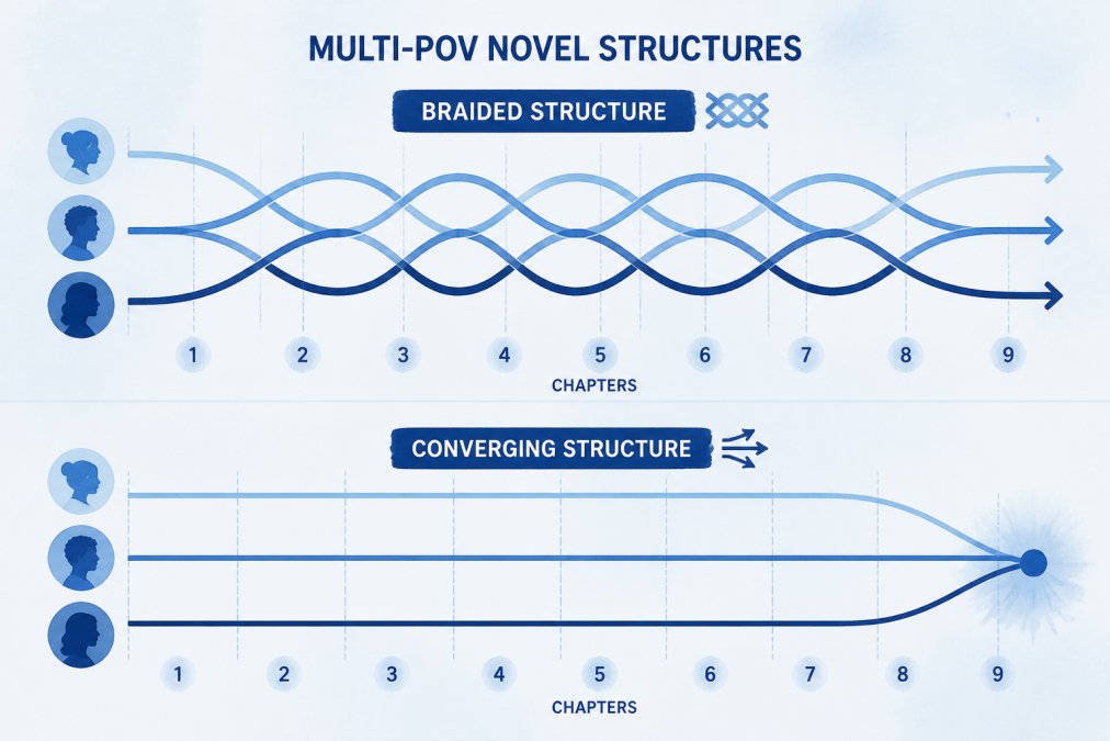 Watercolor diagram contrasting the Braided Structure, with three interwoven colour threads crossing every few chapters, against the Converging Structure, with three parallel lines meeting at a single final point