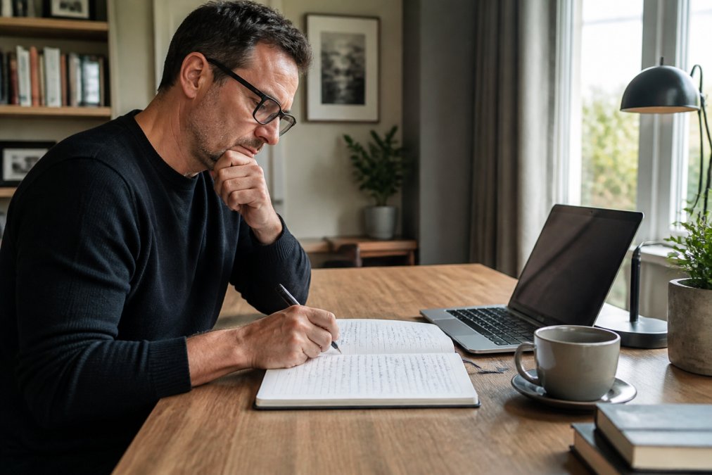 A professional sitting at a clean desk with an open notebook filled with handwritten chapter notes, a laptop open beside them, and a cup of coffee, in a well-lit home office setting